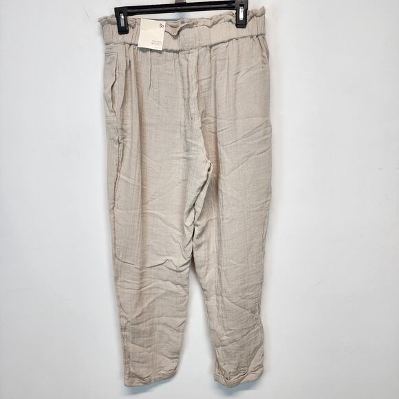 SO Tapered Leg 100% Cotton Pants Size L Oatmeal Relaxed Fit Casual Minimalist - Picture 2 of 9